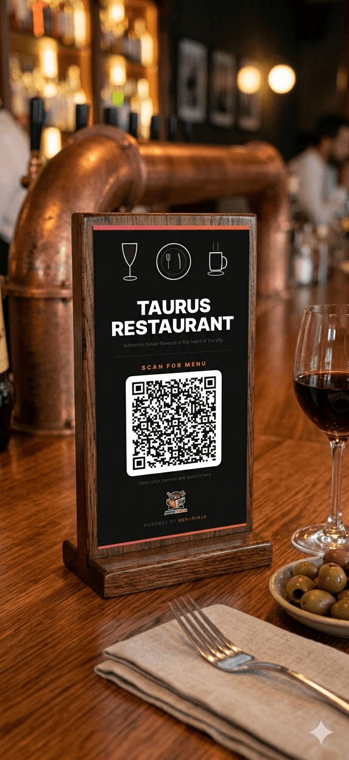 QR menu stand on restaurant table